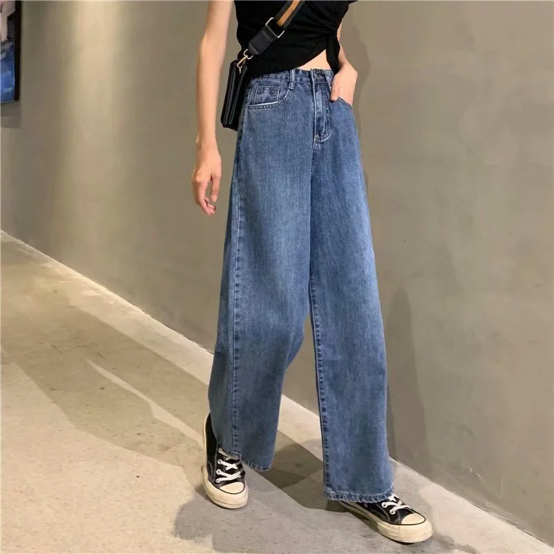 Wjczt Women Pant Woman Jeans High Waist Denim Pants Wide Leg Denim Clothing Blue Jeans Vintage Quality Fashion Straight Pants Casual Distressed Denim Jeans