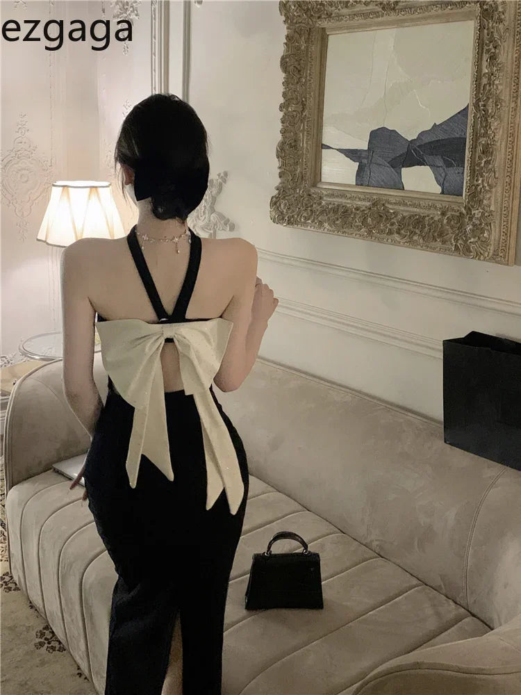 Yipinpay Dresses Women Backless Bow French Style Sleeveless Slim Stretch Halter Slash Neck Hollow Out Vintage Sexy Elegant Dress Tunics Versatile functional Yipinpay Dresses Women Backless Bow French Style Sleeveless Slim Stretch Halter Slash Neck Hollow Out Vintage Sexy Elegant Dress Tunics Versatile functional