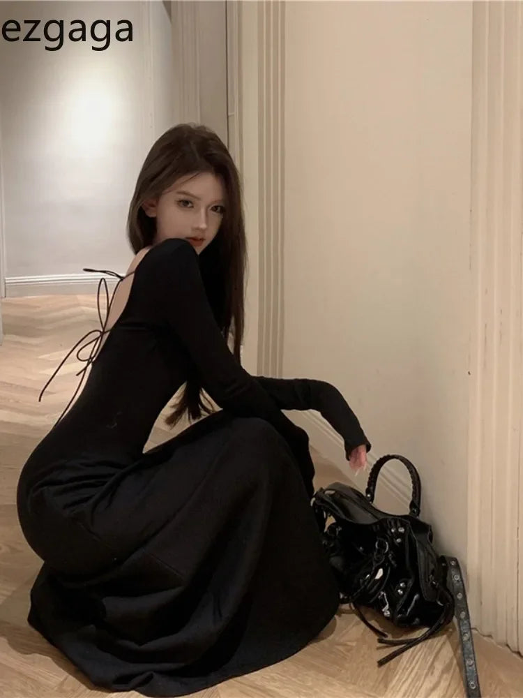 Yipinpay Backless Dresses Women Elegant Bandage Long Sleeve Slash Neck Slim Black Sexy Vintage Temperament Female Fashion Tunics Sophisticated sleek Yipinpay Backless Dresses Women Elegant Bandage Long Sleeve Slash Neck Slim Black Sexy Vintage Temperament Female Fashion Tunics Sophisticated sleek