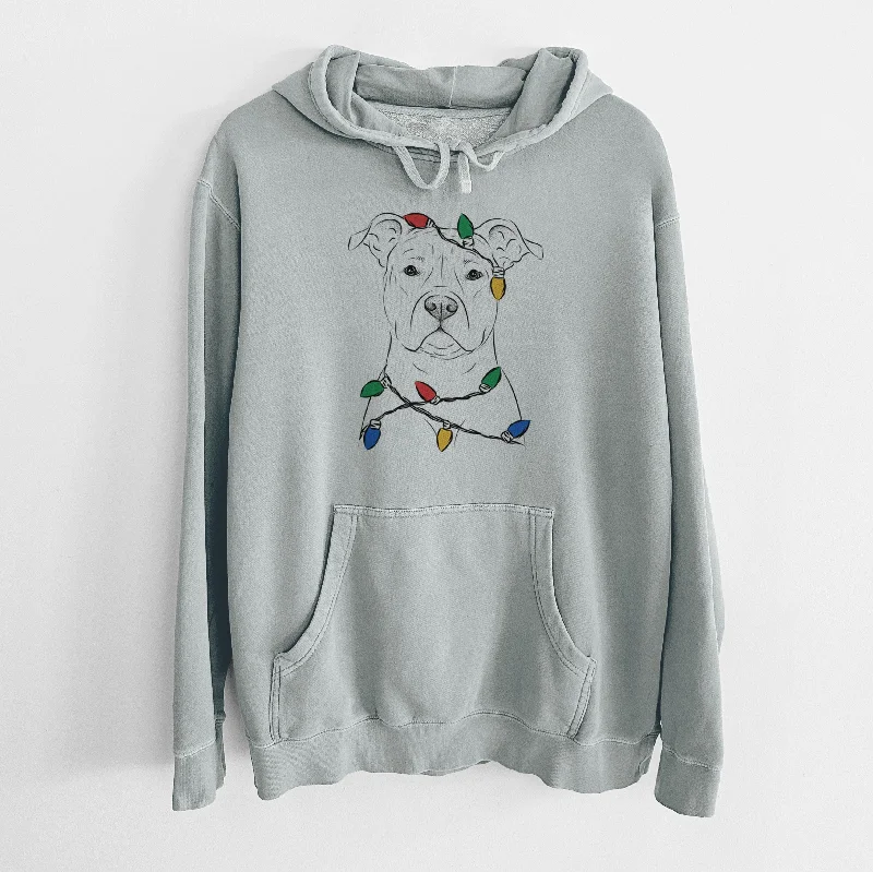 Christmas Lights Jethro the American Staffordshire Terrier - Unisex Pigment Dyed Hoodie Hoodie with Tied Waist Feminine Flattering Christmas Lights Jethro the American Staffordshire Terrier - Unisex Pigment Dyed Hoodie Hoodie with Tied Waist Feminine Flattering