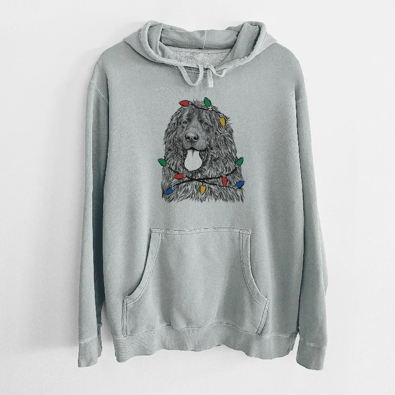 Christmas Lights Neptune the Newfoundland - Unisex Pigment Dyed Hoodie Hoodie with Drawstring Waist Adjustable Fitted Christmas Lights Neptune the Newfoundland - Unisex Pigment Dyed Hoodie Hoodie with Drawstring Waist Adjustable Fitted