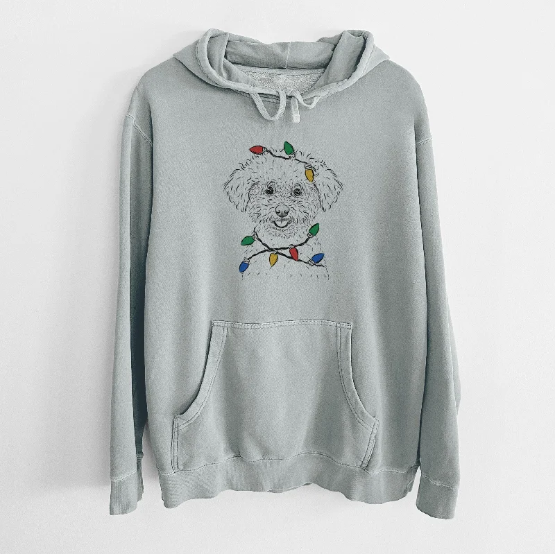 Christmas Lights Mickey the Bichon Frise - Unisex Pigment Dyed Hoodie Hoodie with Hem Applique Textured Unique Christmas Lights Mickey the Bichon Frise - Unisex Pigment Dyed Hoodie Hoodie with Hem Applique Textured Unique
