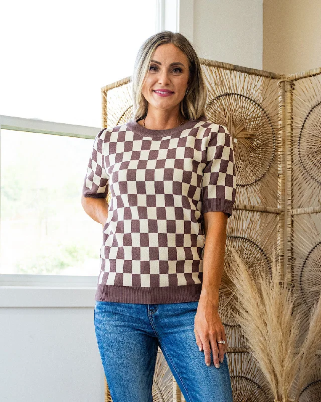 NEW! Gianna Checkered Short Sleeve Sweater - Mocha