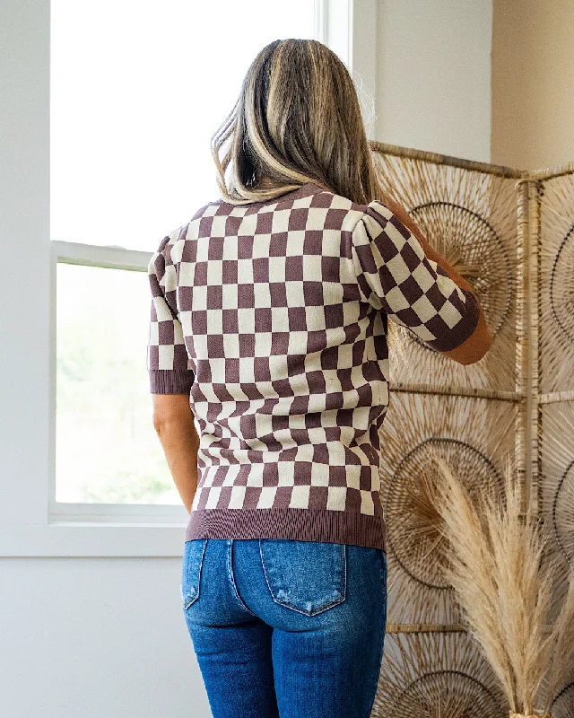 NEW! Gianna Checkered Short Sleeve Sweater - Mocha