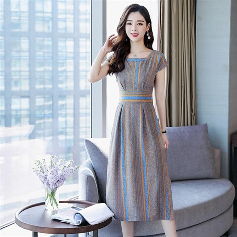 Temperament Mid-length Waist Short-sleeved Striped Skirt