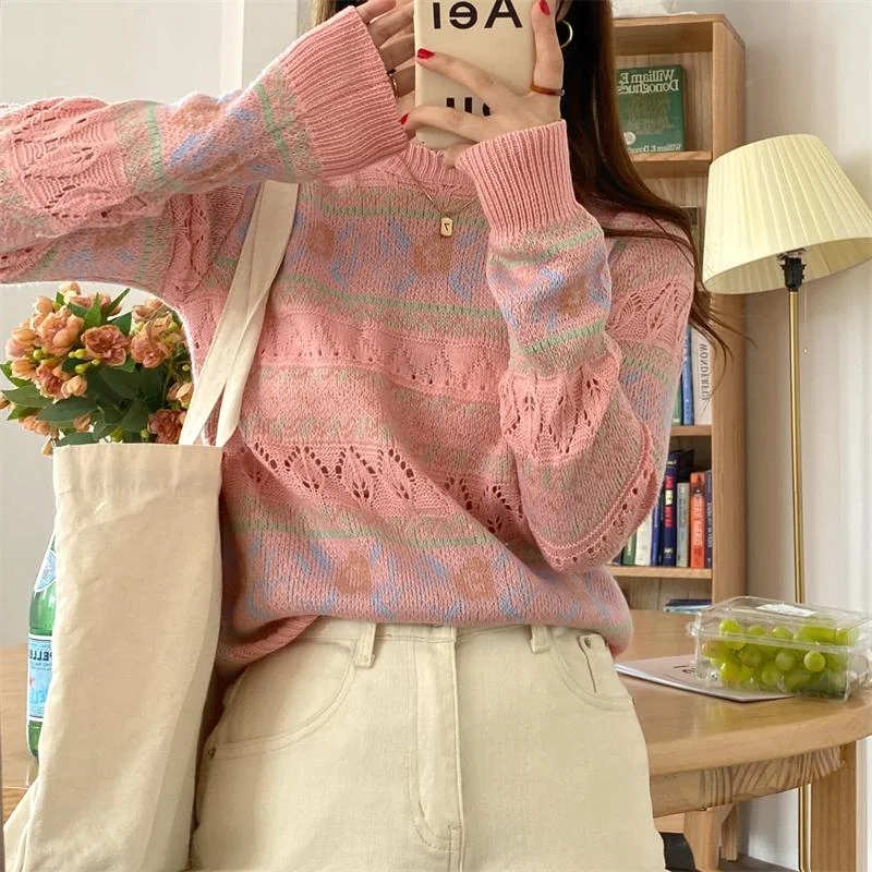 Women's Harajuku Cutout Floral Knitted Sweater