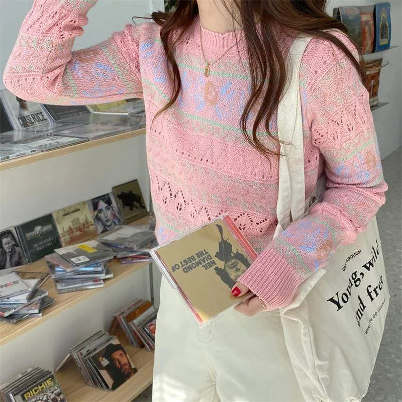 Women's Harajuku Cutout Floral Knitted Sweater