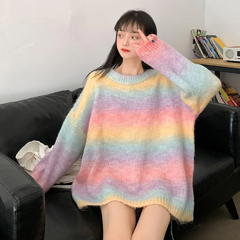 Women's Sweet Colorful Rainbow Striped Loose Sweaters