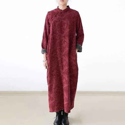 2017 winter burgundy prints linen dress plus size warm autumn out fits casual maxi dress