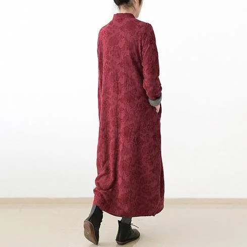 2017 winter burgundy prints linen dress plus size warm autumn out fits casual maxi dress