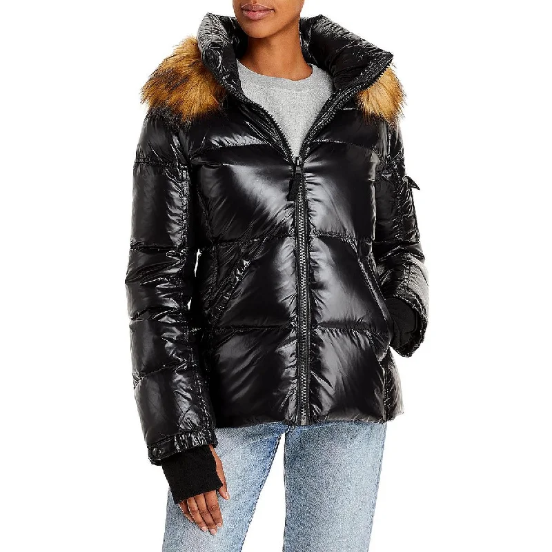 Aqua Womens Allie Faux Fur Trim Hooded Puffer Jacket