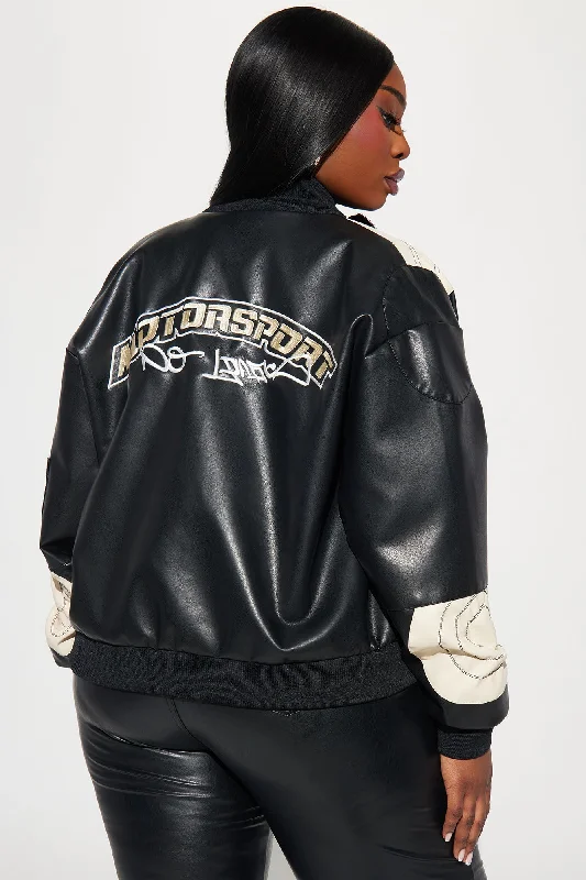 Be A Good Sport Faux Leather Bomber Jacket - Black/combo