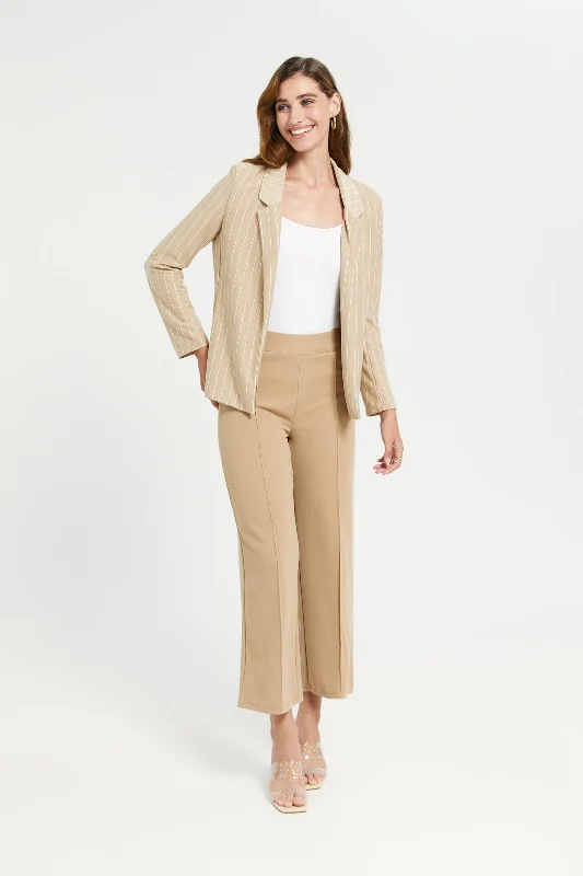 Women Beige And White Striped Rolled Sleeve Blazer