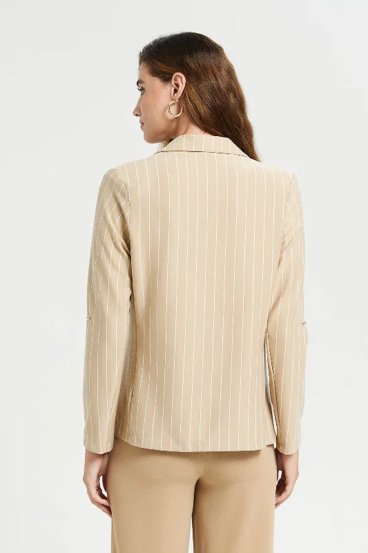 Women Beige And White Striped Rolled Sleeve Blazer