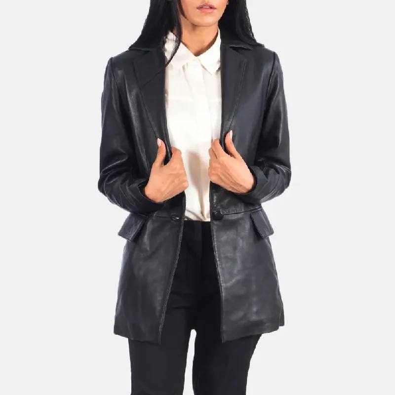 Black Leather Blazer Women's with Open Hem Cuffs