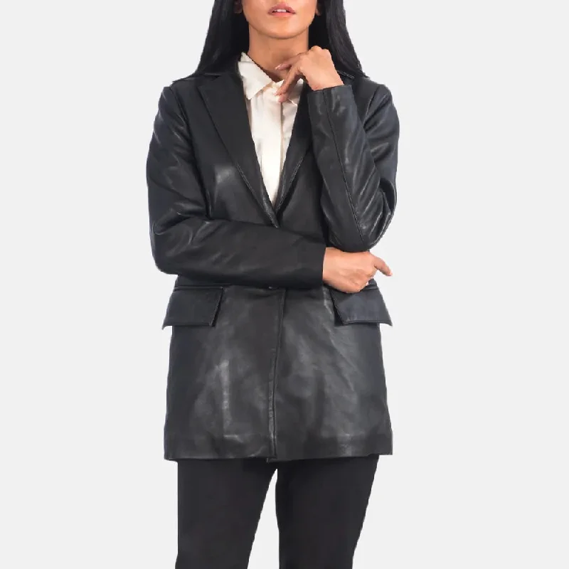 Black Leather Blazer Women's with Open Hem Cuffs