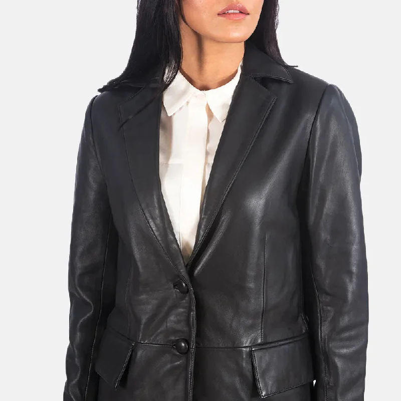 Black Leather Blazer Women's with Open Hem Cuffs