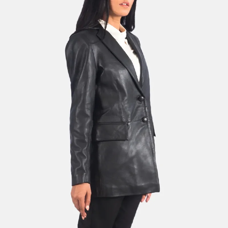 Black Leather Blazer Women's with Open Hem Cuffs