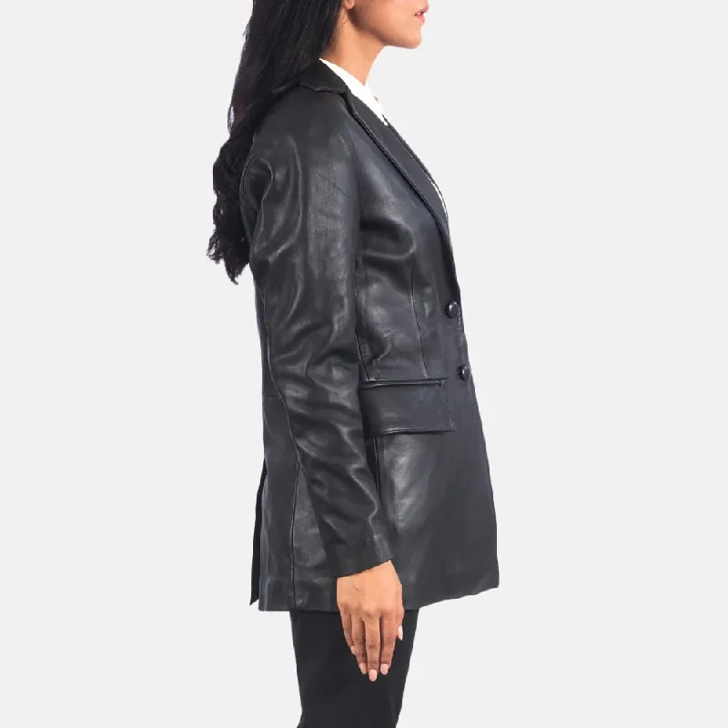 Black Leather Blazer Women's with Open Hem Cuffs