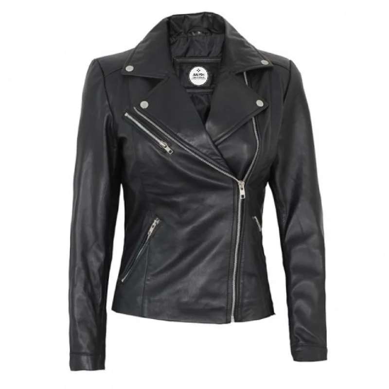 Black Real Asymmetrical Leather Jacket For Women