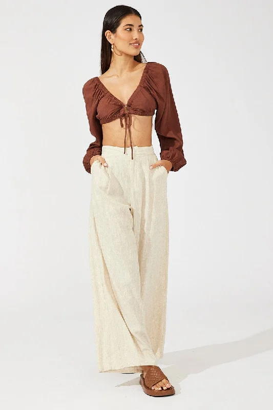 Brown Tie Crop Top Long Sleeve