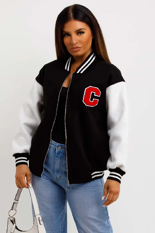 C Slogan Varsity Bomber Jacket Black And White