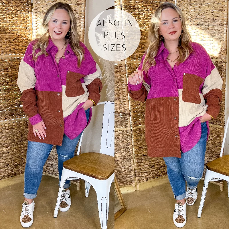 Casual Cuddles Color Block Corduroy Shacket in Magenta Mix