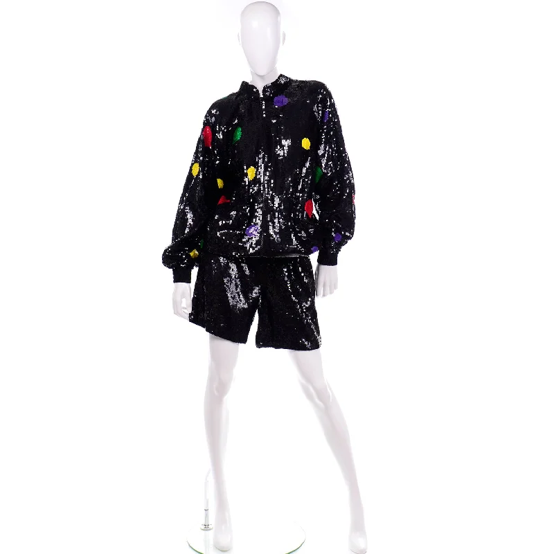 Vintage Lillie Rubin Black Silk Sequin Shorts & Zip Front Sweatshirt Set W Polka Dots