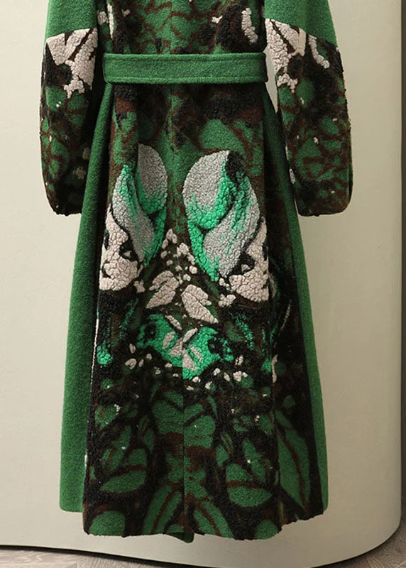 Jacquard Green Notched Tie Waist Woolen Long Coats Fall