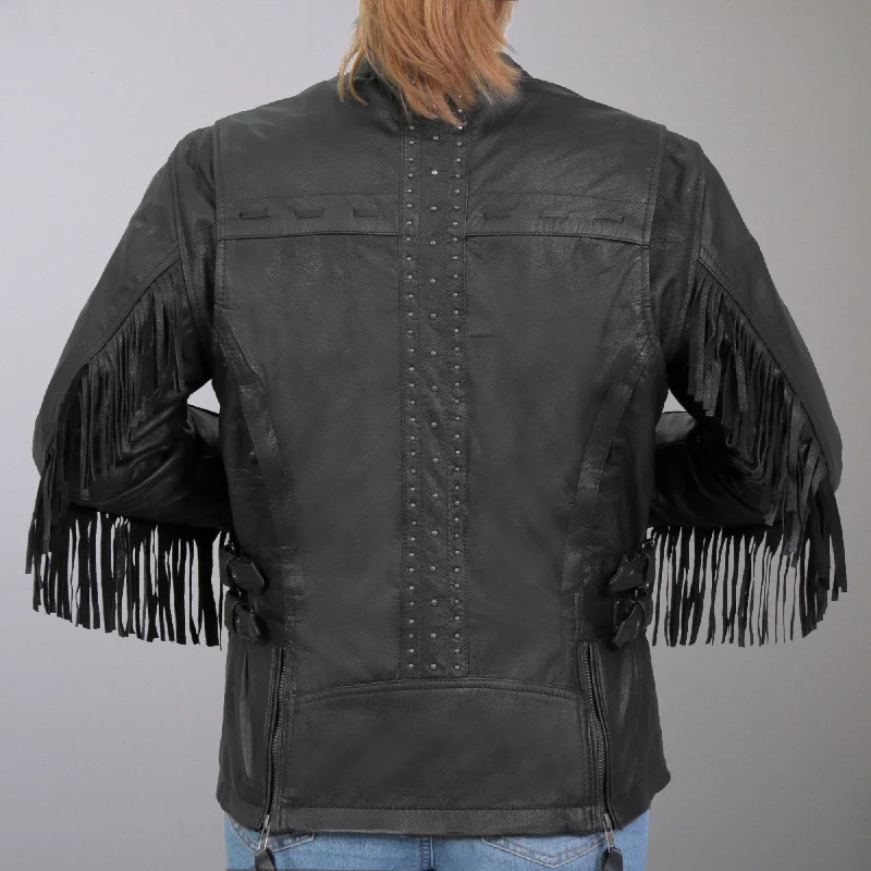 Hot Leathers JKL1028 Studs and Fringe Ladies Black Motorcycle style Carry Conceal Leather Biker Jacket