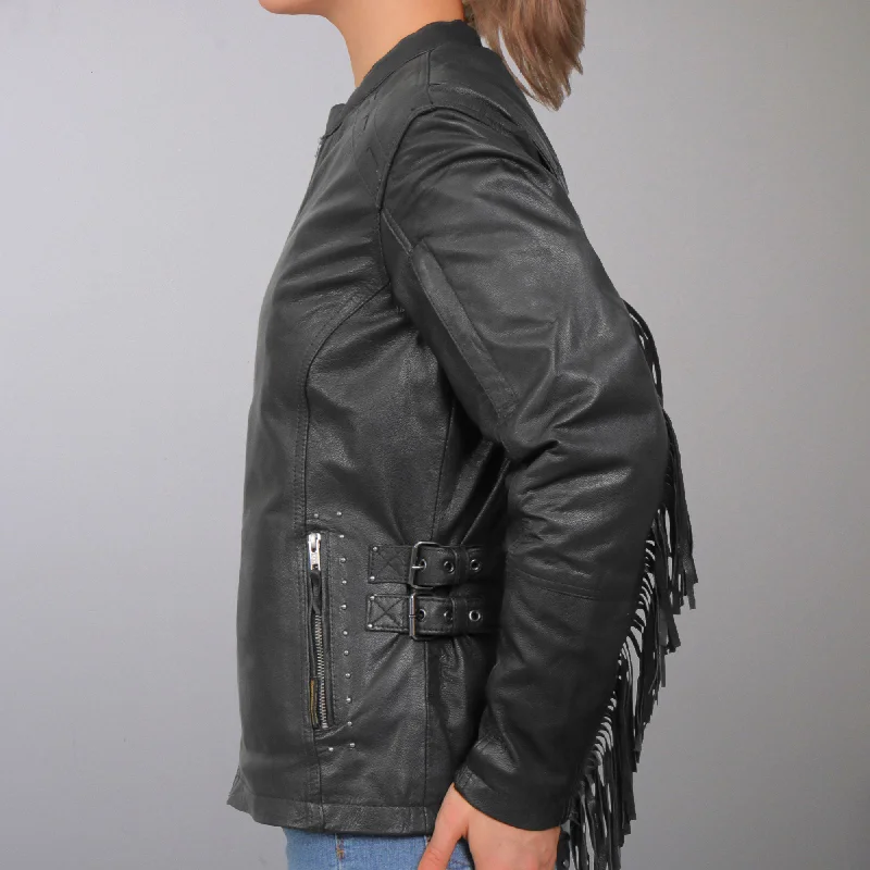 Hot Leathers JKL1028 Studs and Fringe Ladies Black Motorcycle style Carry Conceal Leather Biker Jacket