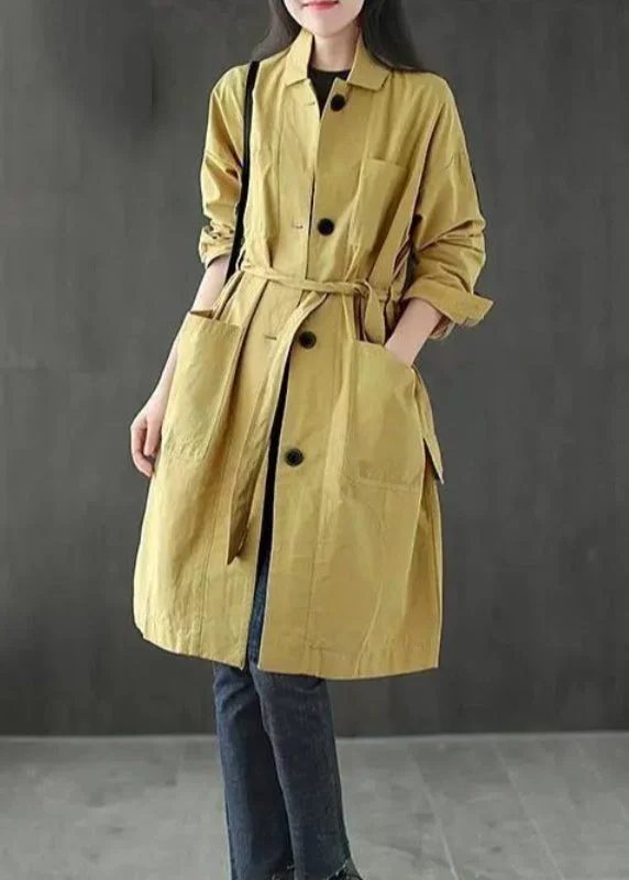 Loose Peacock Blue Button Pockets Tie Waist Cotton Coat Fall