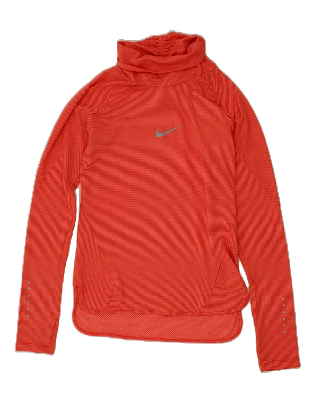 NIKE Womens Dri Fit Top Long Sleeve UK 10 Small Orange Polyester