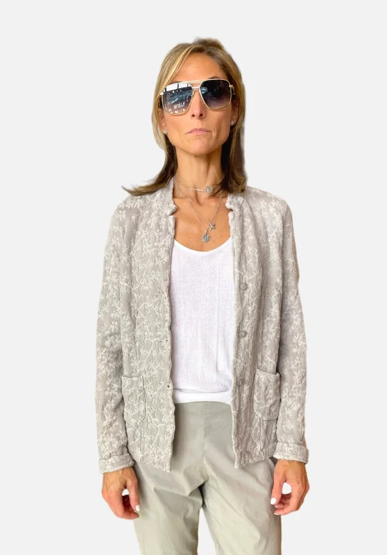 Floral Cotton Linen Jacquard Knitted Jacket - Grey