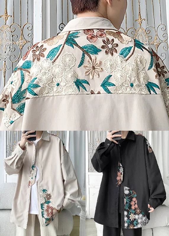 Plus Size Beige Embroidered Button Cotton Neutral Coats Spring