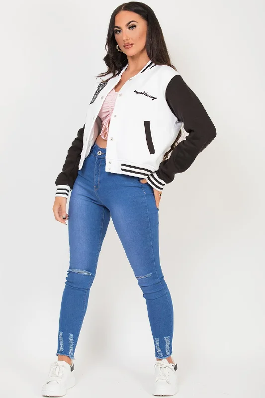 Varsity Bomber Cropped Jacket With B Slogan Black & White