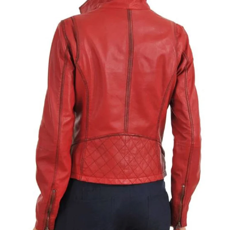 Womens Assymetrical Motorbike Red Leather Jacket