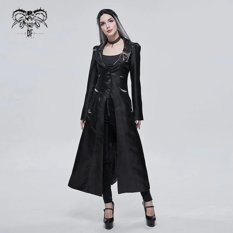 Women's Gothic Turn-down Collar Strappy Long Coat with Skull Breastpin