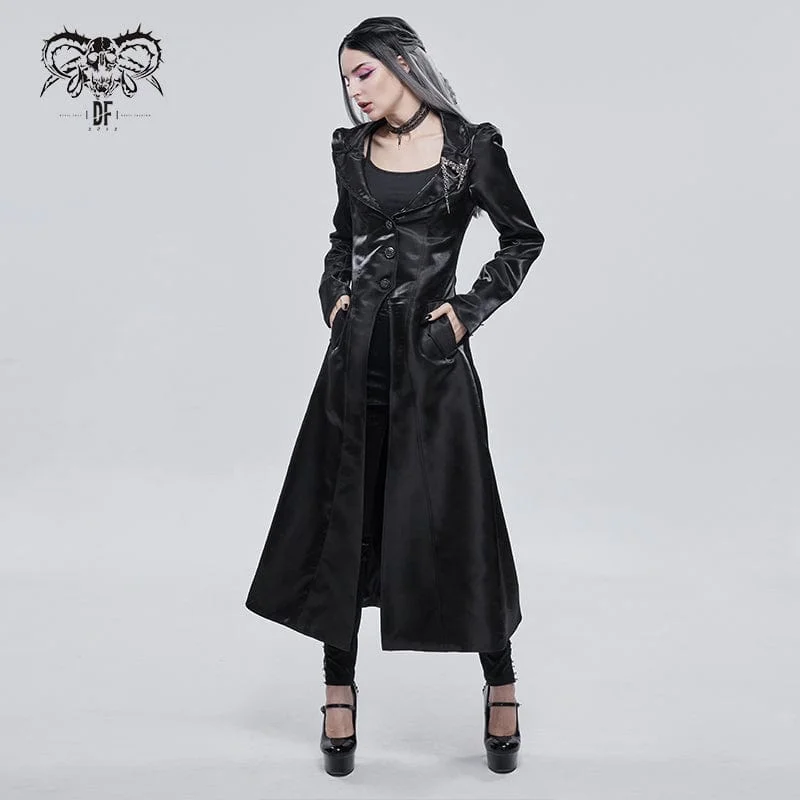 Women's Gothic Turn-down Collar Strappy Long Coat with Skull Breastpin