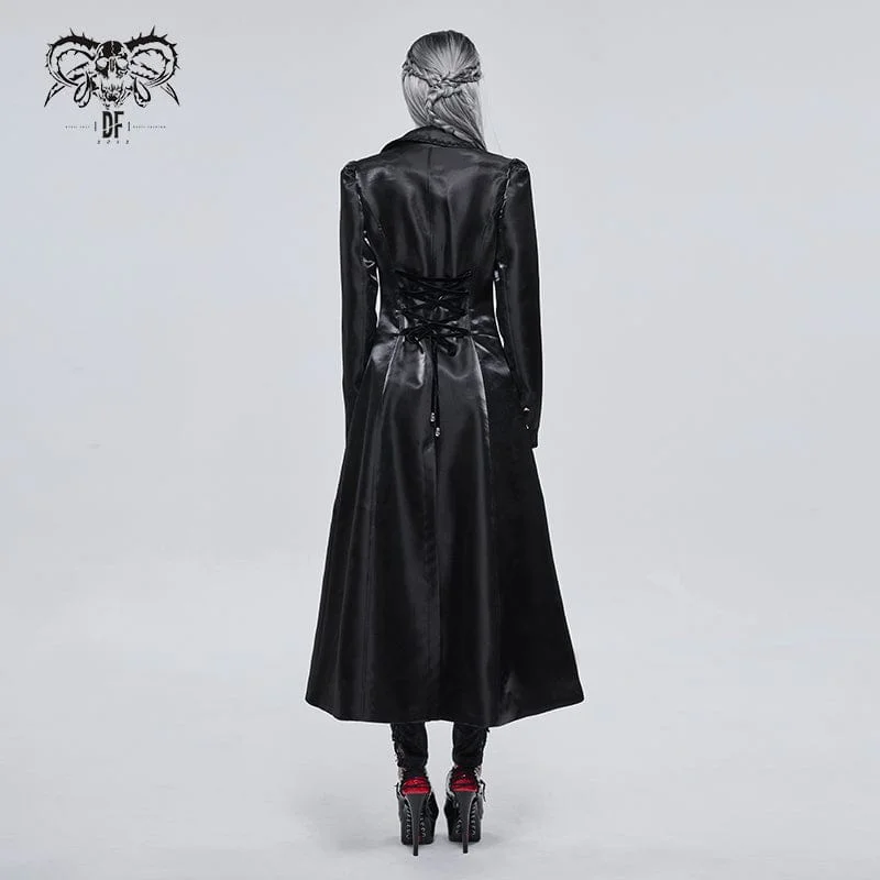 Women's Gothic Turn-down Collar Strappy Long Coat with Skull Breastpin