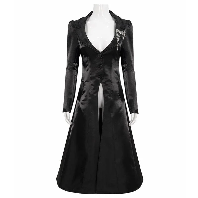 Women's Gothic Turn-down Collar Strappy Long Coat with Skull Breastpin