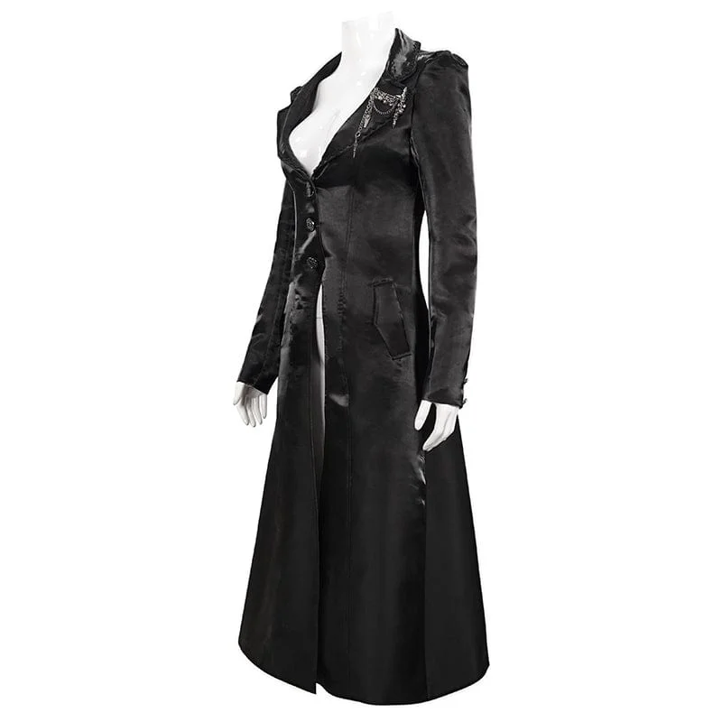 Women's Gothic Turn-down Collar Strappy Long Coat with Skull Breastpin