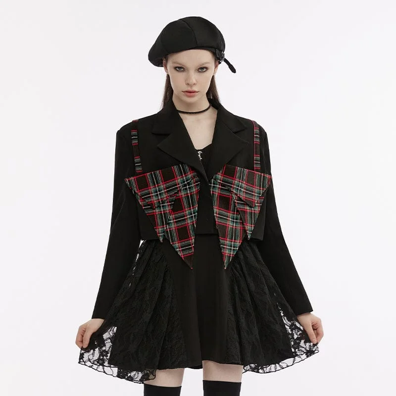 Women's Grunge Turn-down Collar Plaid Splice Jacket