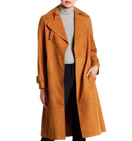 Women's Suede Leather Trench Coat In Brown