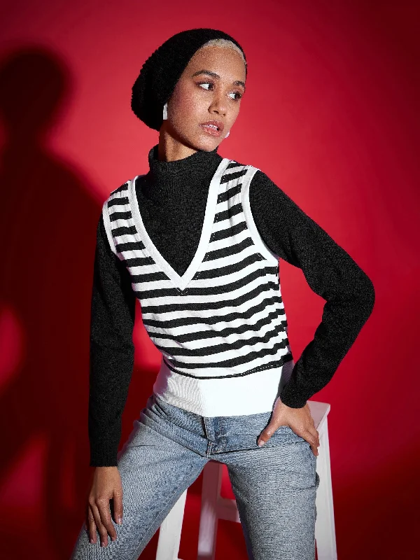 Women Black & White Striped V-Neck Sleeveless Sweater