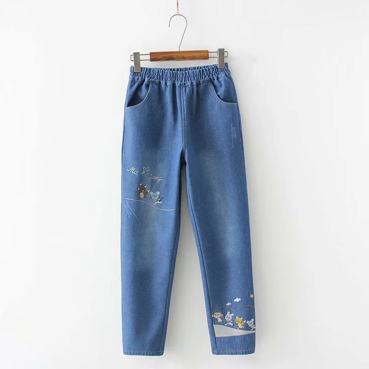 Cartoon animal embroidery and velvet jeans YV40853