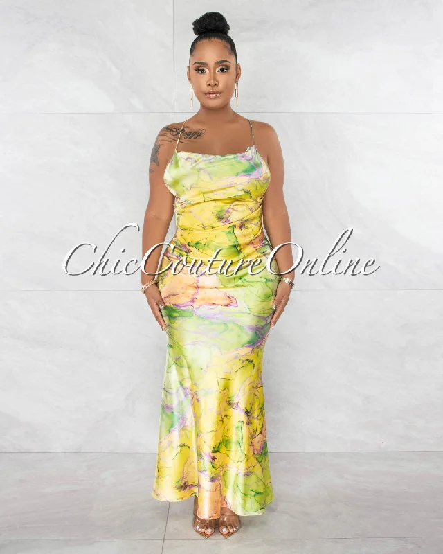 Goldie Lime Print Back Gold Link Self-Tie Silky Maxi Dress