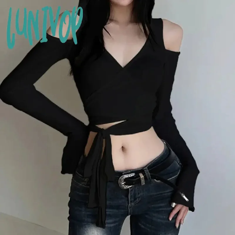 Lunivop 2024 Autumn Cross V-neck T-shirts Slim Fit Lace Up Hoodie Knitted Tees Y2k E-Girl Long Sleeve Thin Sun Protection Tops Women