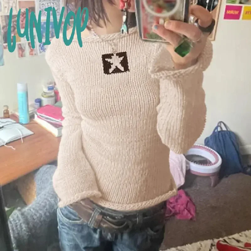 Lunivop Autumn Y2k Star Sweaters Women Casual Hollow Knitted Pullover Top Oversized Grunge Cute Long Sleeve Girl Tees Fairycore Outfits