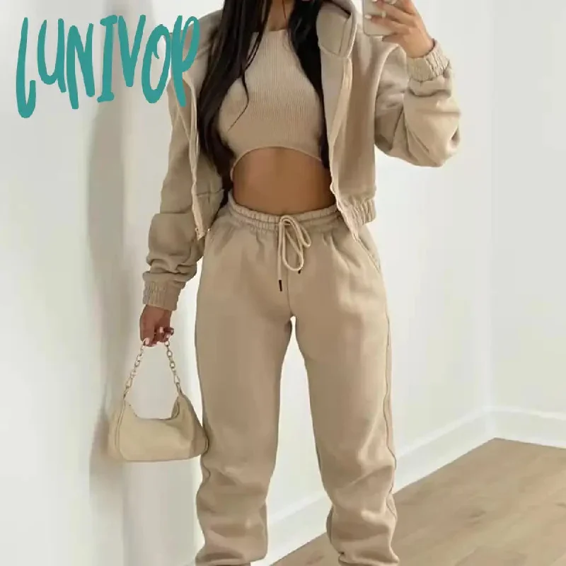 Lunivop Thick Fall Winter Clothes Drawstring Hood Sweatpants Casual Sports Wear Hoodie Joggers 3 Piece Woman Tracksuits 2024 New